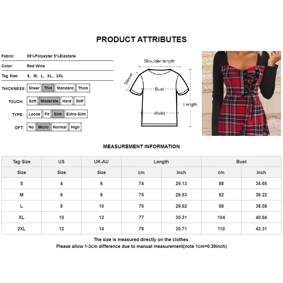 Women Check Long Sleeve Christmas Party Tunic Tops Ladies Casual Blouse