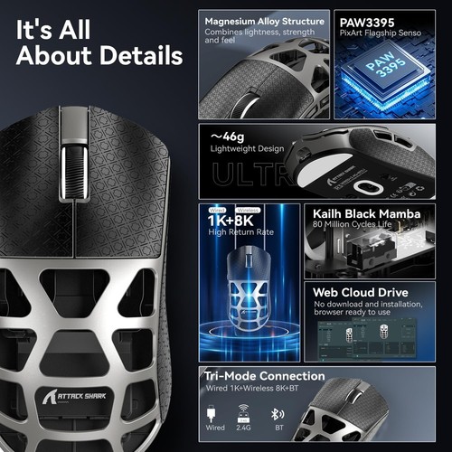 ATTACK SHARK R3 46g Magnesium Alloy Mouse, PixArt PAW3395 BT/2.4G/Wired,26000DPI - Picture 43 of 64