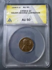 1958-D Lincoln Wheat Penny Major Obverse Lamination Mint Error ANACS Graded AU50