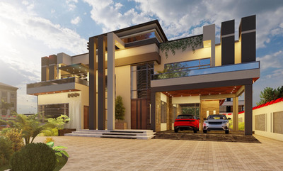 Modern Farmhouse Design | Luxury Villa Front Elevation | Architectural Rendering