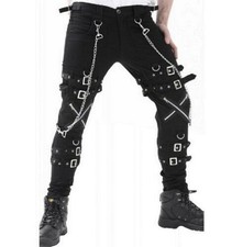 Gothic BONDAGE ROCK Black Punk Buckle Zips Chain Strap Trousers Trip/ PANTS/USA