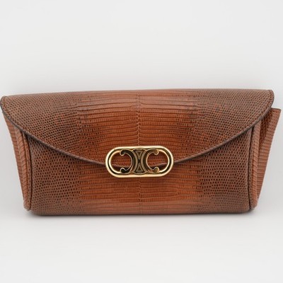 * Celine Shiny Lizard Leather Maillon Triomphe Clutch Brown