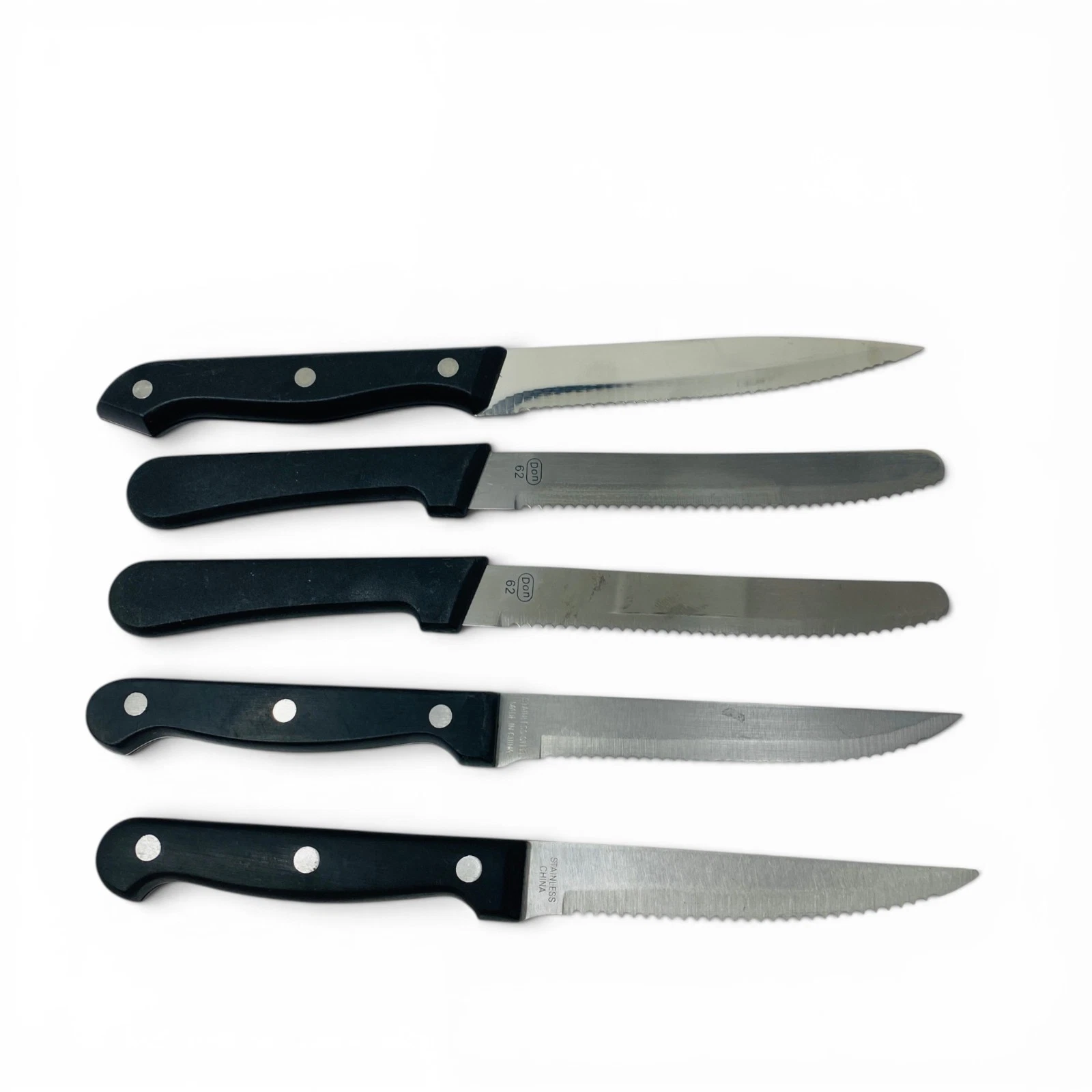 Don 62, Assorted Stainless Blades Serrated Kitchen Steak Knife Lot of 5 Black