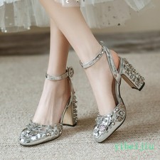 Women's Handmade High Heel Ankle Strap Sandal Evening Party Shoes Flower Studded