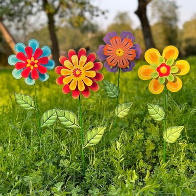 4 PCS Metal Flower Outside 16.33 Inch Decorative Garden Stake Swaying Yard Art
