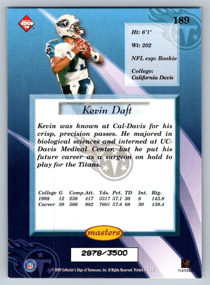 1999 Collector's Edge Masters HoloSilver  Kevin Daft 189 2878/3500 - Image 2 of 2