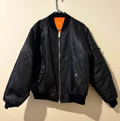 Rothco Men's MA-1 Reversible Bomber Jacket Black/Orange Full Zip Satin Nylon XL video thumbnail