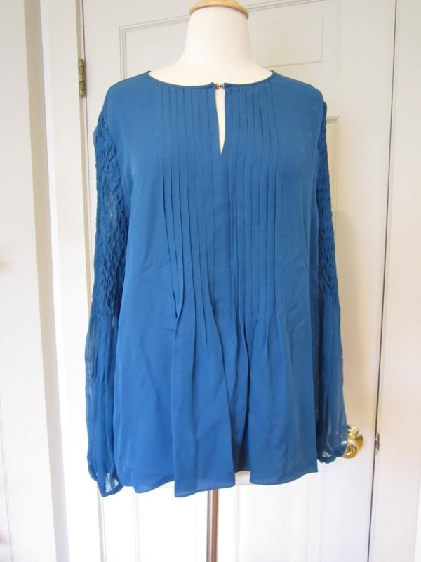 ELIE TAHARI Teal Blue Silk Chiffon Tunic Top w/Pleated Front Puckered Sleeves L
