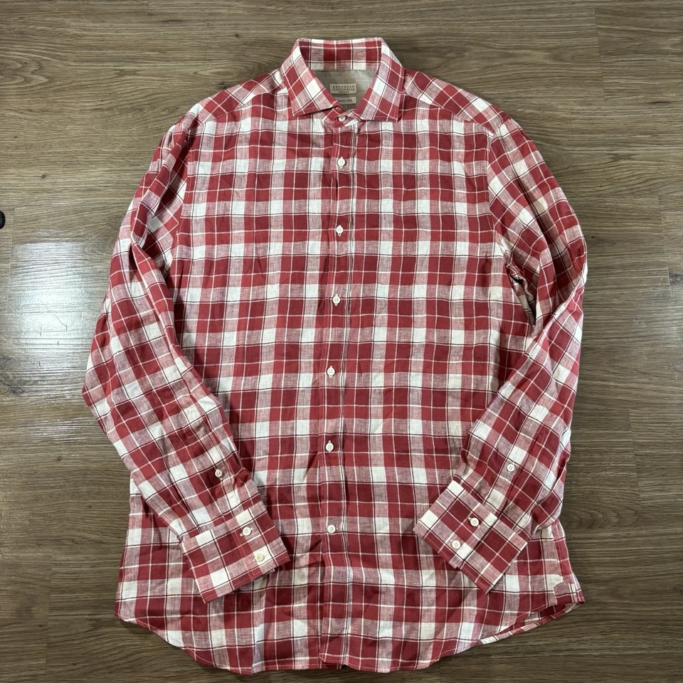 Brunello Cucinelli Checked Linen Plaid Shirt Red Men’s Size XL - Image 3 of 4