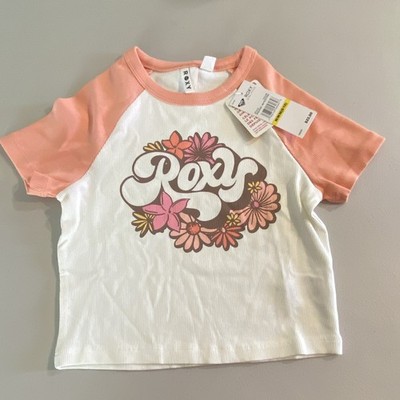 Roxy Girls M (8/10) White/Pink Raglan Floral Logo Crew Neck Short Sleeve T-Shirt