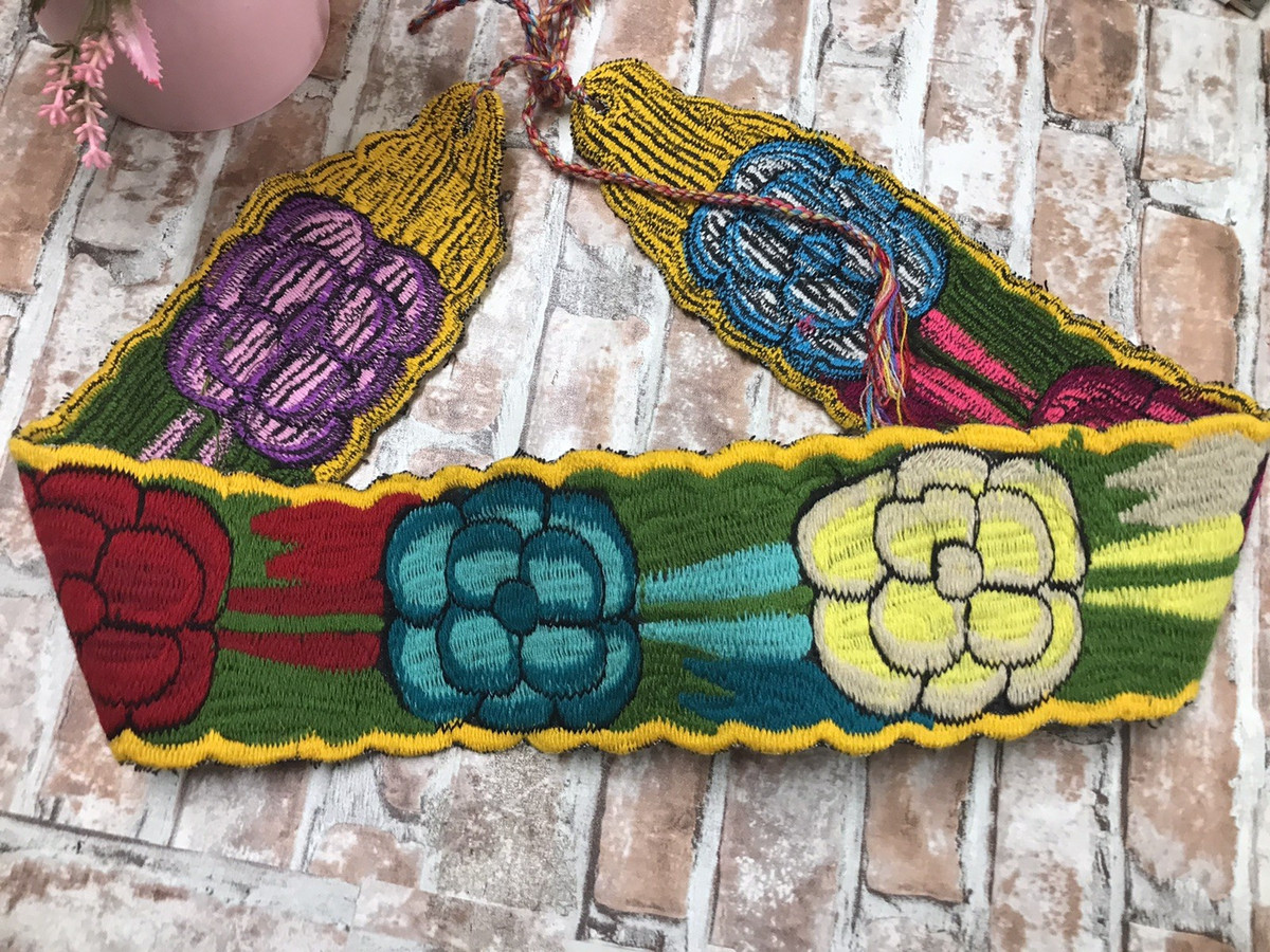 Mexican Handmade 36" Cotton Floral Embroidered Belt Sash With Colorful Flowers