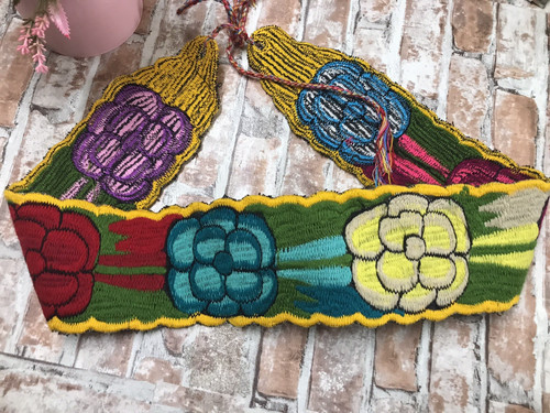 Mexican Handmade 36" Cotton Floral Embroidered Belt Sash With Colorful Flowers