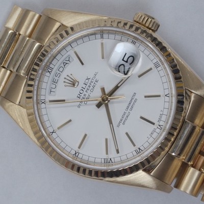 Rolex Day Date 36mm President 18K Yellow Gold Hidden Clasp Watch 18038 Year 1987