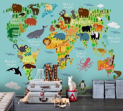 3D Animal Plant World Map Wall Murals Wallpaper Murals Wall Sticker 3