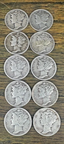 $1 Face Value 90% Silver Mercury Dimes 10 Diff Coins FV 1936 - 45 NO Reserve NR!