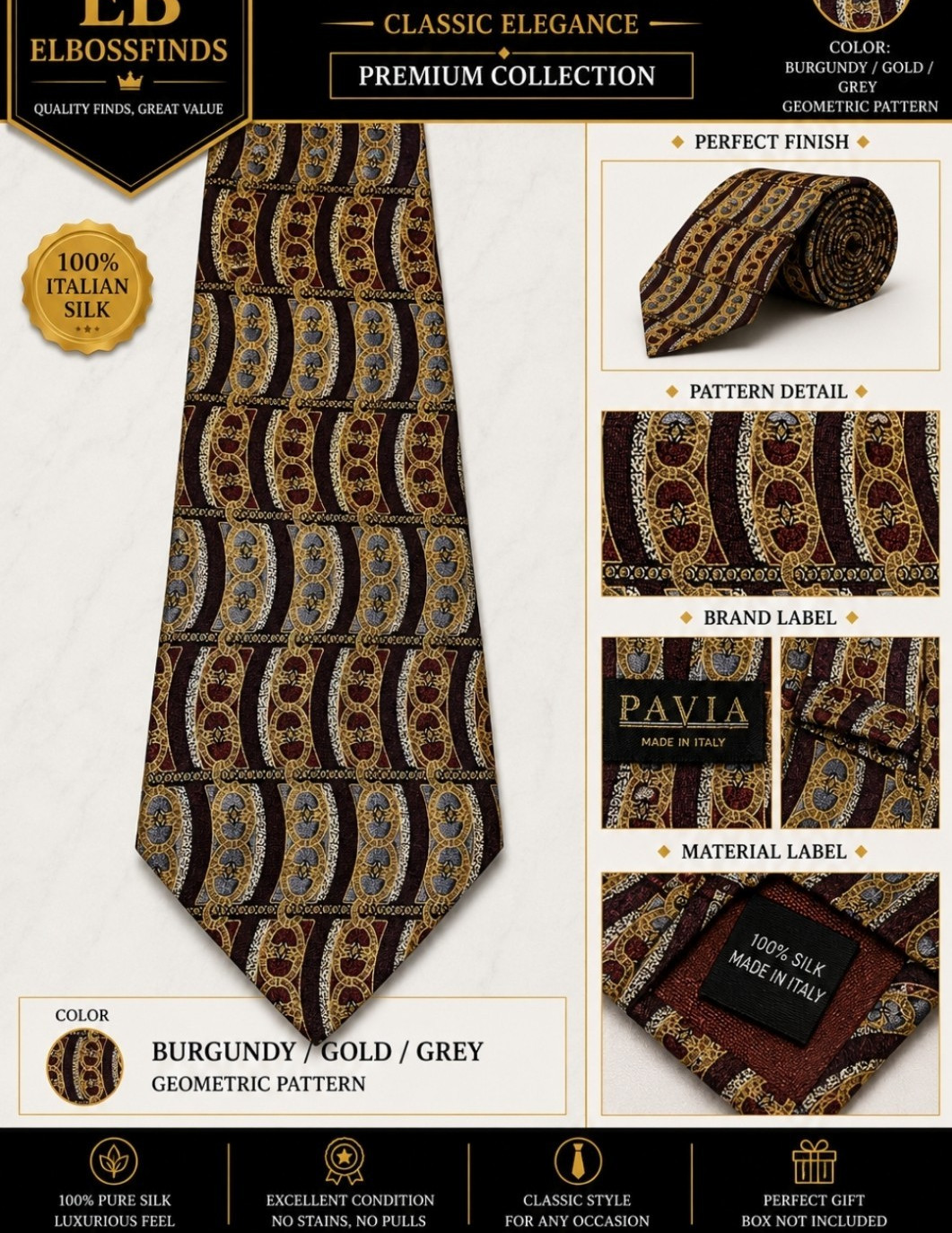Pavia Men's Tie 100% Silk Burgundy/Gold/Gray Geometric Pattern Made in Italy