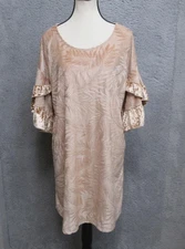 Umgee USA Dress Womens Medium Beige Leaf Jacquard Crushed Velvet Ruffle Sleeve