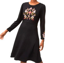LOFT Dress Black Embroidered Bohemian Fit & Flare 3/4 Sleeve Size 4 Women's