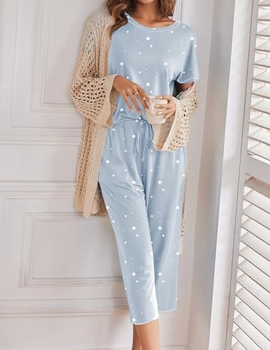Women's Capri Pajama Sets Floral Print Short Sleeve Large Blue White Stars - Picture 4 of 4