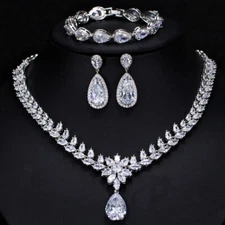Crystal Leaf Drop Bridal Necklace Bracelet Earrings Silver Plated CZ Jewelry Set