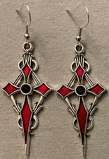 SPIKY CROSS EARRINGS - Red Enamel, Black Stone w/SS Ear Wires - GOTHIC HALLOWEEN