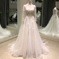 Elegant Lace Wedding Dresses High Neck Long Sleeves A-Line Appliques Bridal Gown
