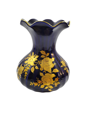 Wunseidel Bavaria Echt Kobalt Vase Dark Blue & Gold Floral Ruffled Rim