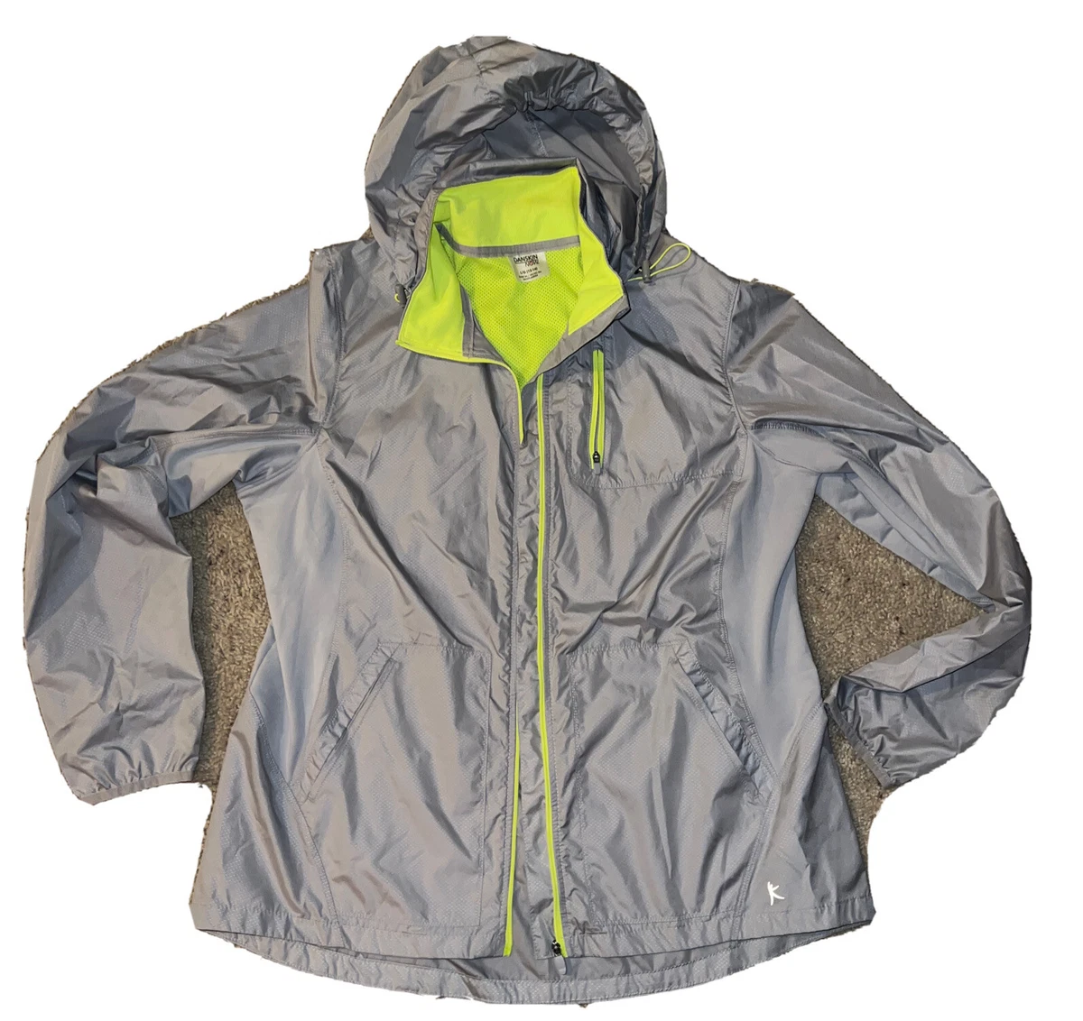 Danskin Now Grey Bright Yellow Women's Rain/Wind Jacket Pockets L Hood Vents EUC