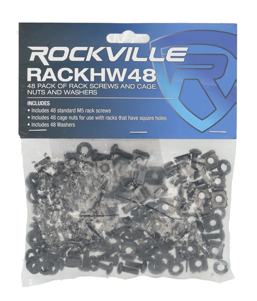 Rockville RACKHW48 - Paquete de 48 tornillos para rack y tuercas y arandelas enjauladas