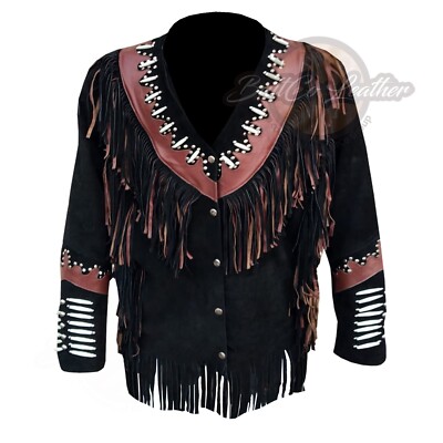 Cowgirl Indianerin Damen Western schwarz Wildleder Lederjacke Fransen Tasseled