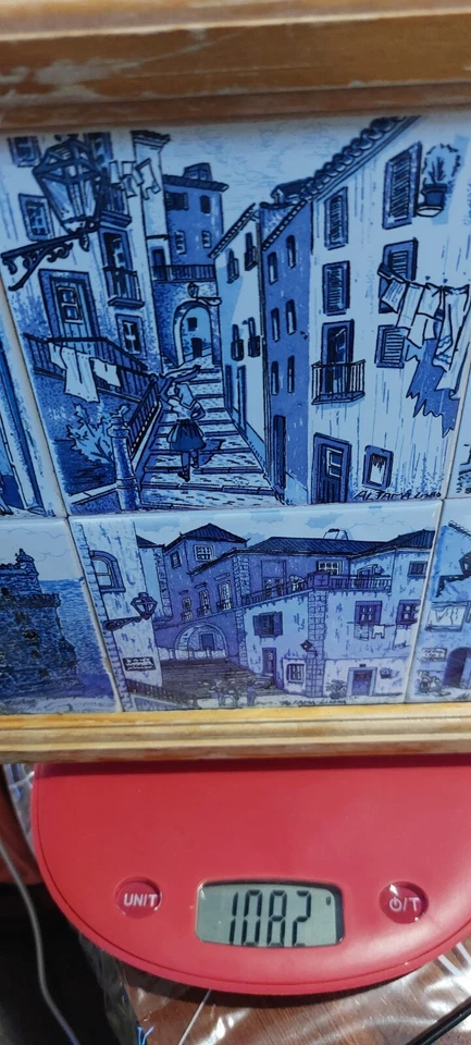 Tray Ceramic Portugal Blue White Prints Wooden Frame Handler Home Decor Kitchen - Photo 2/4