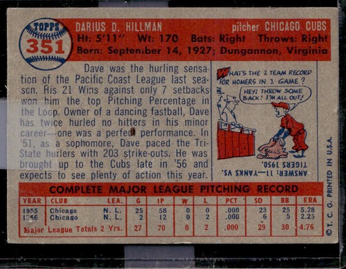 1957 Topps #351 Dave Hillman - Picture 2 of 2