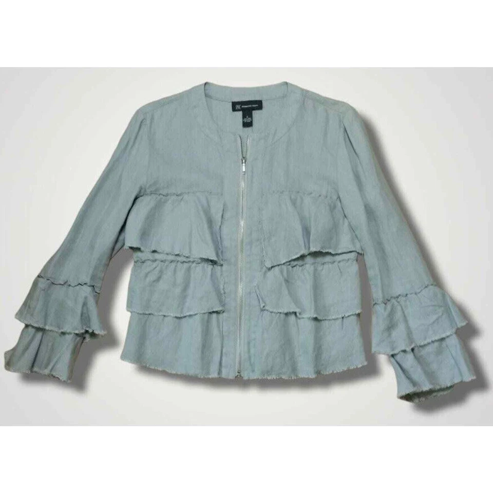INC International Concepts Tiered Ruffle Full Zip Gray Linen Jacket Size Small - Image 2 of 4