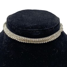 Rhinestone Multi 4 Strand Choker Necklace Silver Tone Metal