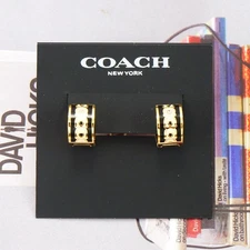 NWT Coach Signature Black Enamel Huggie Earrings Gold Tone