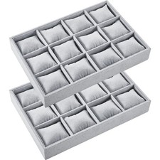 2 Pieces 12 Grid Velvet Watch Tray Jewelry Organizer Stackable Watch Bracelet...