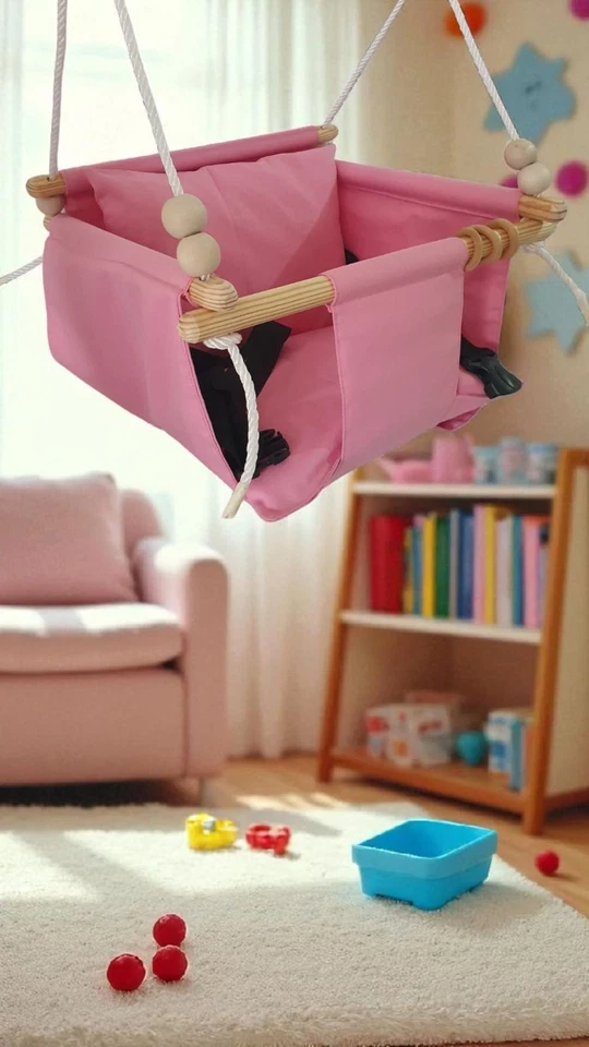 Pink Colour Canvas Baby Swing Wooden Hanging Swing Seat Chair with Safety Belt - Image 2 of 4