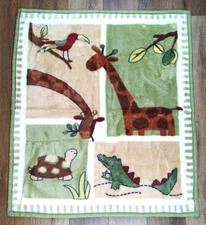 Kidsline Zanzibar Plush Jungle Giraffe Alligator Turtle Bird Baby Blanket Green