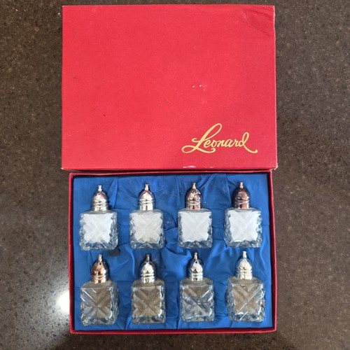 Vintage Leonard Cut Crystal Salt & Pepper Shakers 8 Pcs w/ Silver Plated Tops