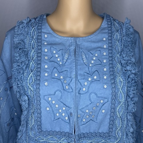 INDIGO MOON Women's S Cotton Jacket Embroidered Fray Edge Blue Silver Boho - Picture 14 of 24
