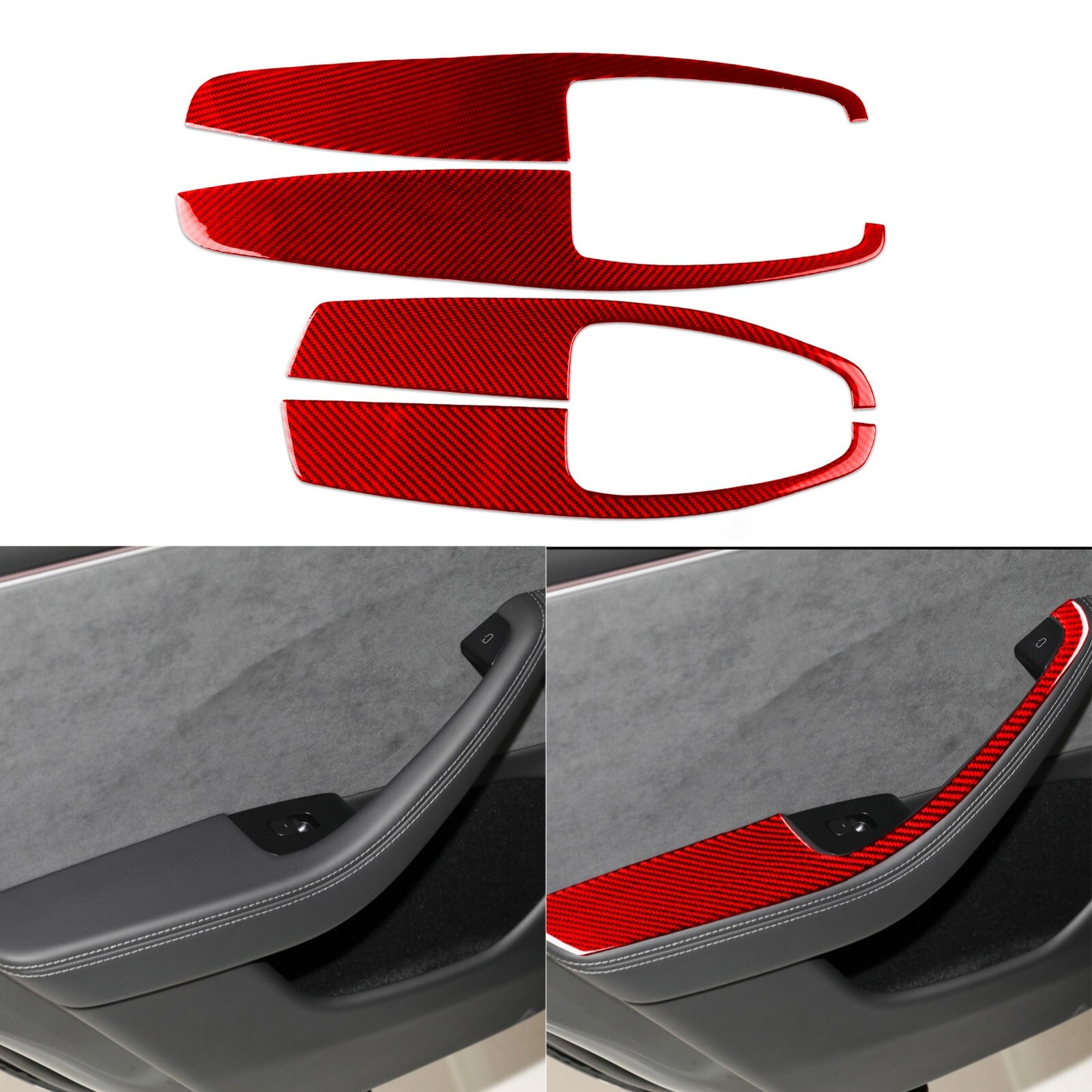 Red Carbon Fiber Inner Door Armrest Panel Cover For Tesla Model 3 Highland 2023+