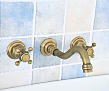 Antique Brass Bathroom Sink Faucet Wall Mount 3pcs Dual Handls Mixer Tap Zsf527