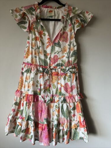 Farm Rio Macaw Bloom Mini Dress Size XS Beaded Tassel Ruffle Floral Tiered Fun - Picture 2 of 9