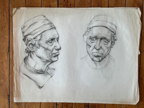 Charcoal Ink Paper Bust Old Man Male Figure Drawing Paper 1950s 18 x 25 - Picture 1 of 5