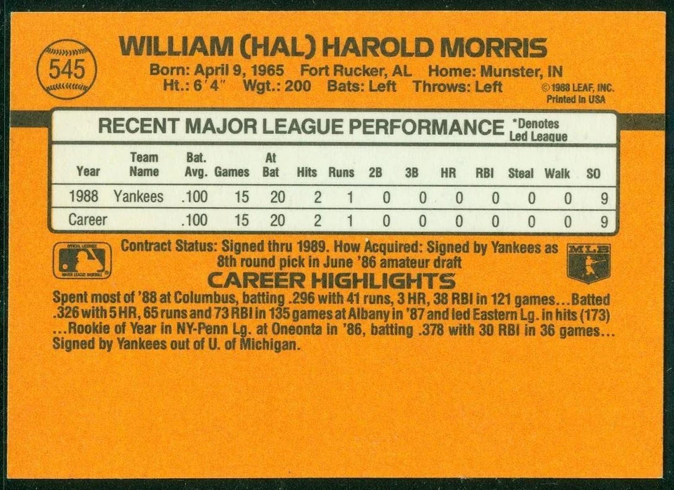 Original Autograph of Hal Morris of the NY Yankees on a 1989 Donruss Card - Image 2 of 3