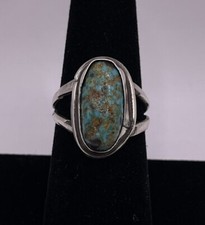 Sterling Silver Native American Green Turquoise Oval Ring Size 8 5.7g 