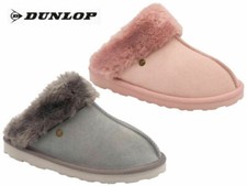 Ladies Dunlop Suede Slippers Luxury Fluffy Leather Mules Soft Fur Memory Foam
