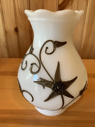 VTG Carl Falkenstein Hurricane Lamp Shade Ruffle Top Milk Glass Brass Design