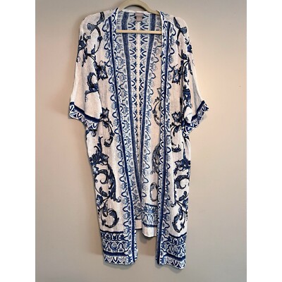 Chicos White Blue Floral Lightweight Gauzy Open Long Line Open Cardigan Medium 1