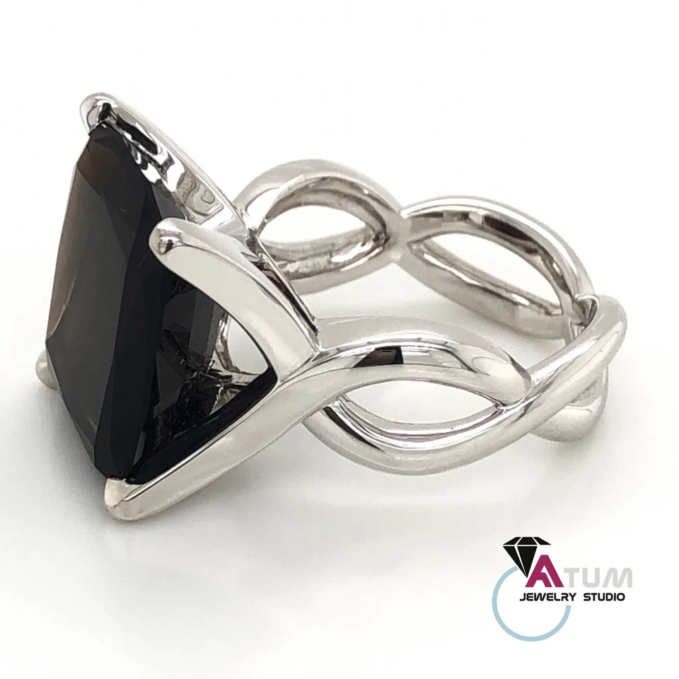 Anillo de cuarzo ahumado de 15 quilates corte cojín, tamaño 8, oro blanco de 14K Foto 2 de 3